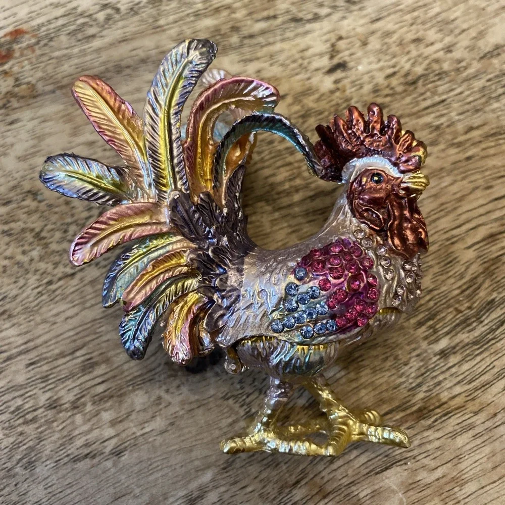 Multicolor Metal Bejewled Rooster Chicken Trinket Box Enameled Interior